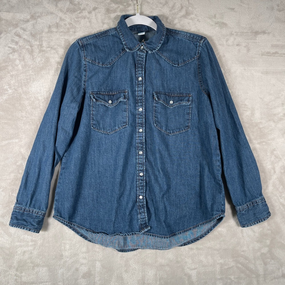 Old Navy	Women's Blouse Pearl Snap Denim Western Cowgirl Rodeo M Blue